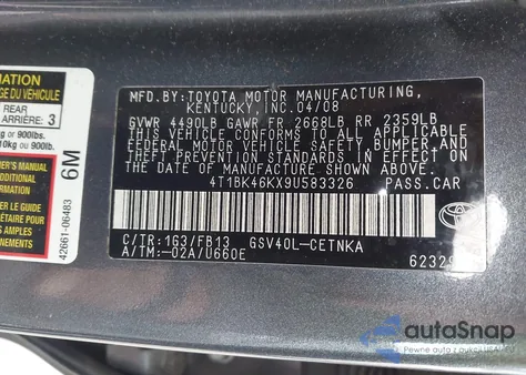 2009 Toyota Camry Le V6 from USA, damaged, VIN 4T1BK46KX9U583326